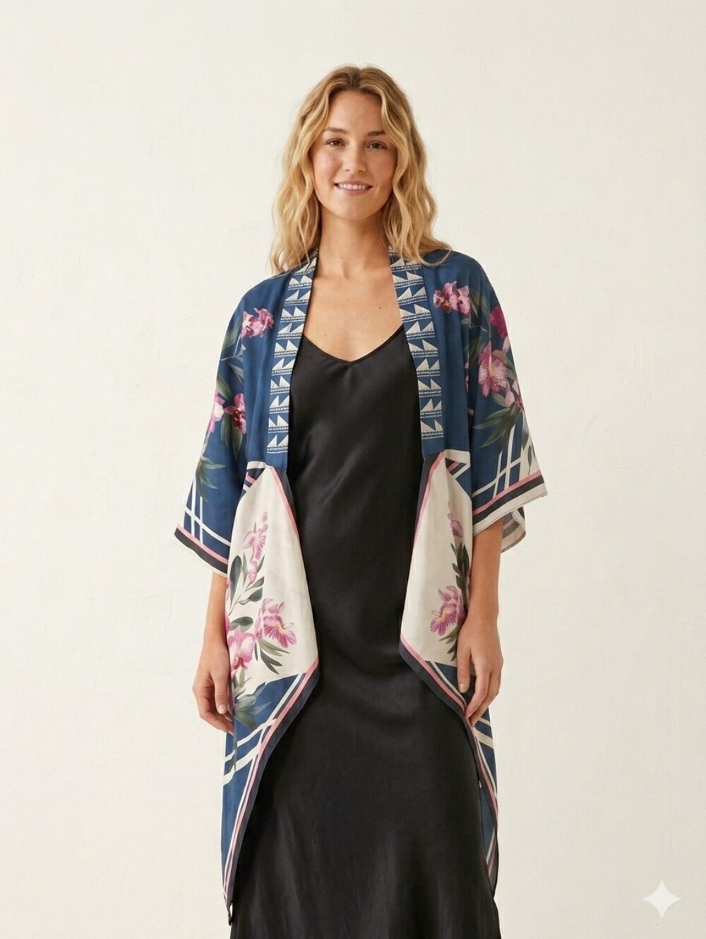 Gorgoeus Flowy Tropical Flying Tomato Navy Floral Draped Kimono w/ Pink Orchids